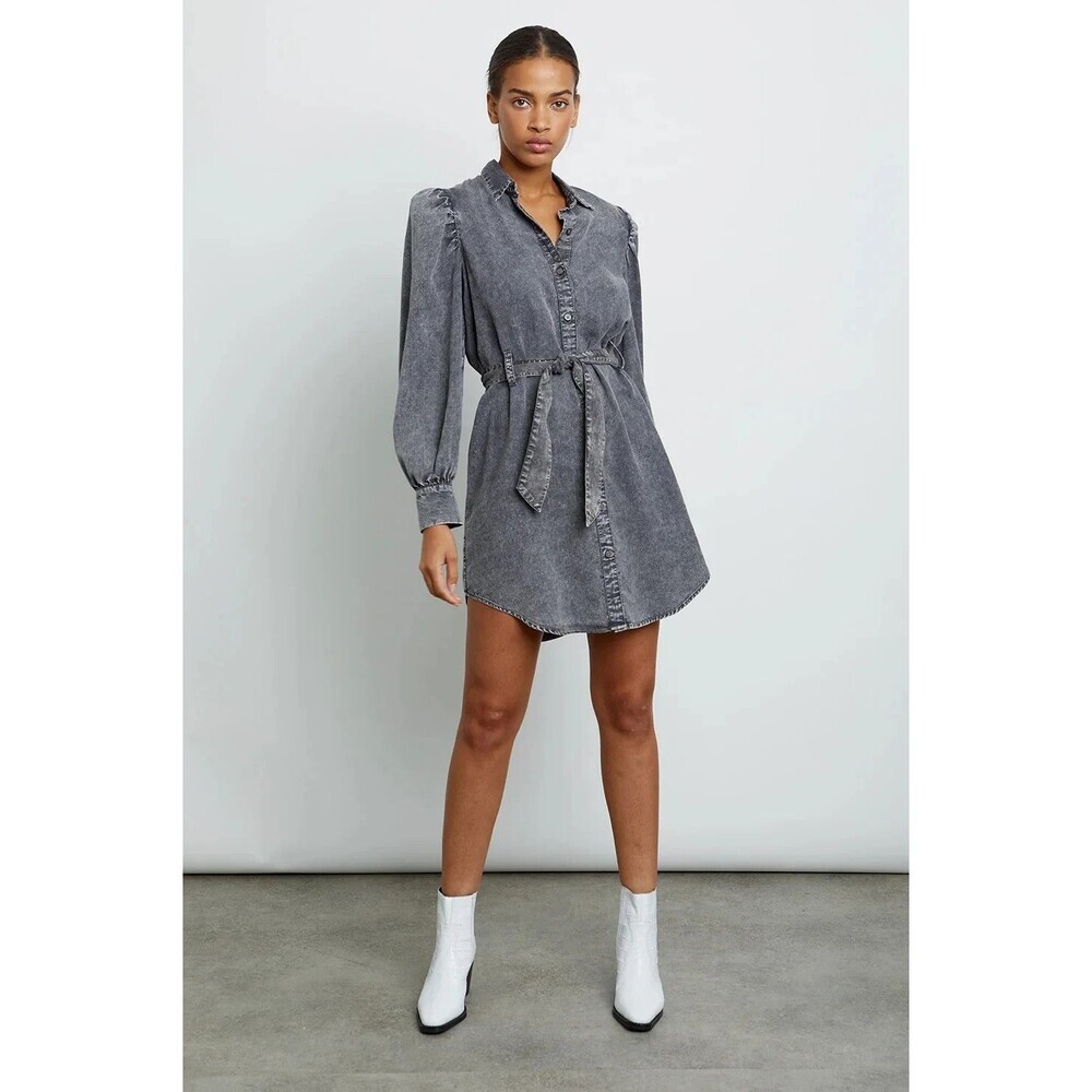 Rails Adele Dress XS Black Acid Wash Denim Shirt Mini Dress Linen Blend $218